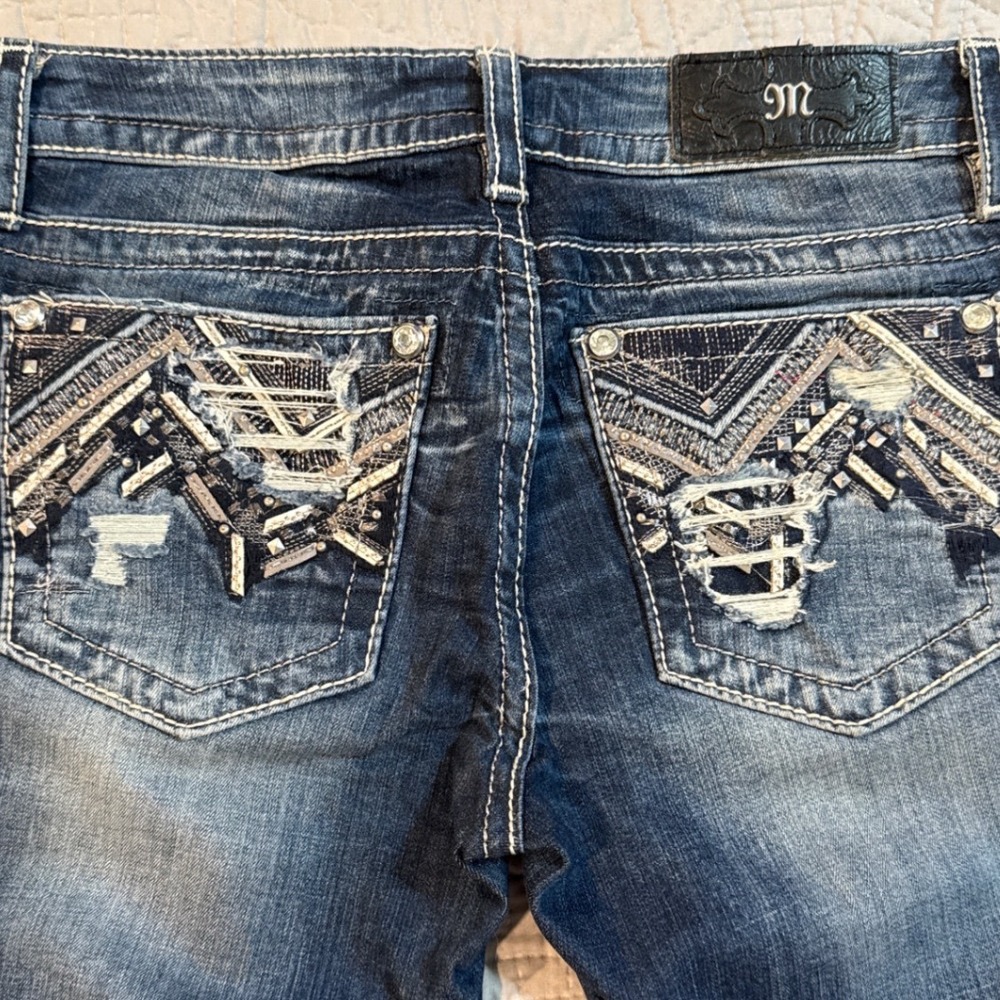 Miss Me Womens Y2K McBling Straight Leg Jeans Embellished Pockets 28 Blue Denim